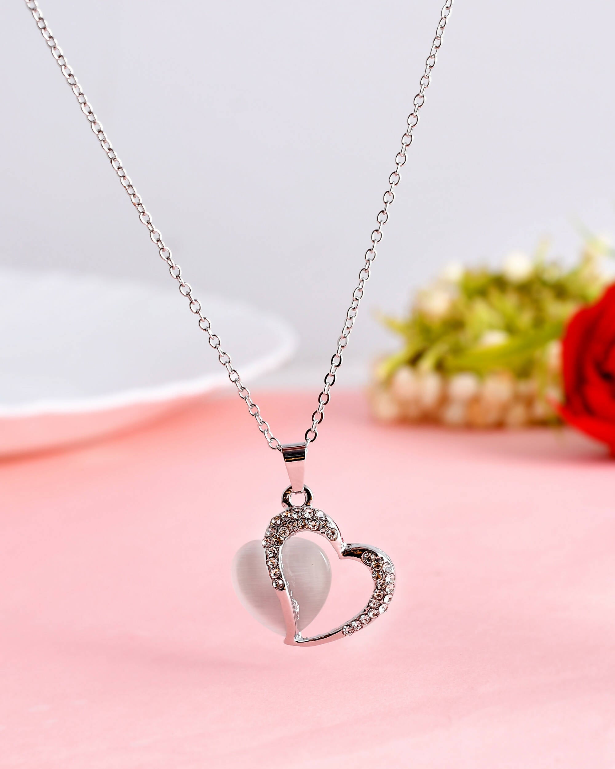 VOJ Women Stainless Steel Sliver-Plated Beads Chain with Double Heart-Shape Pendant - Distacart
