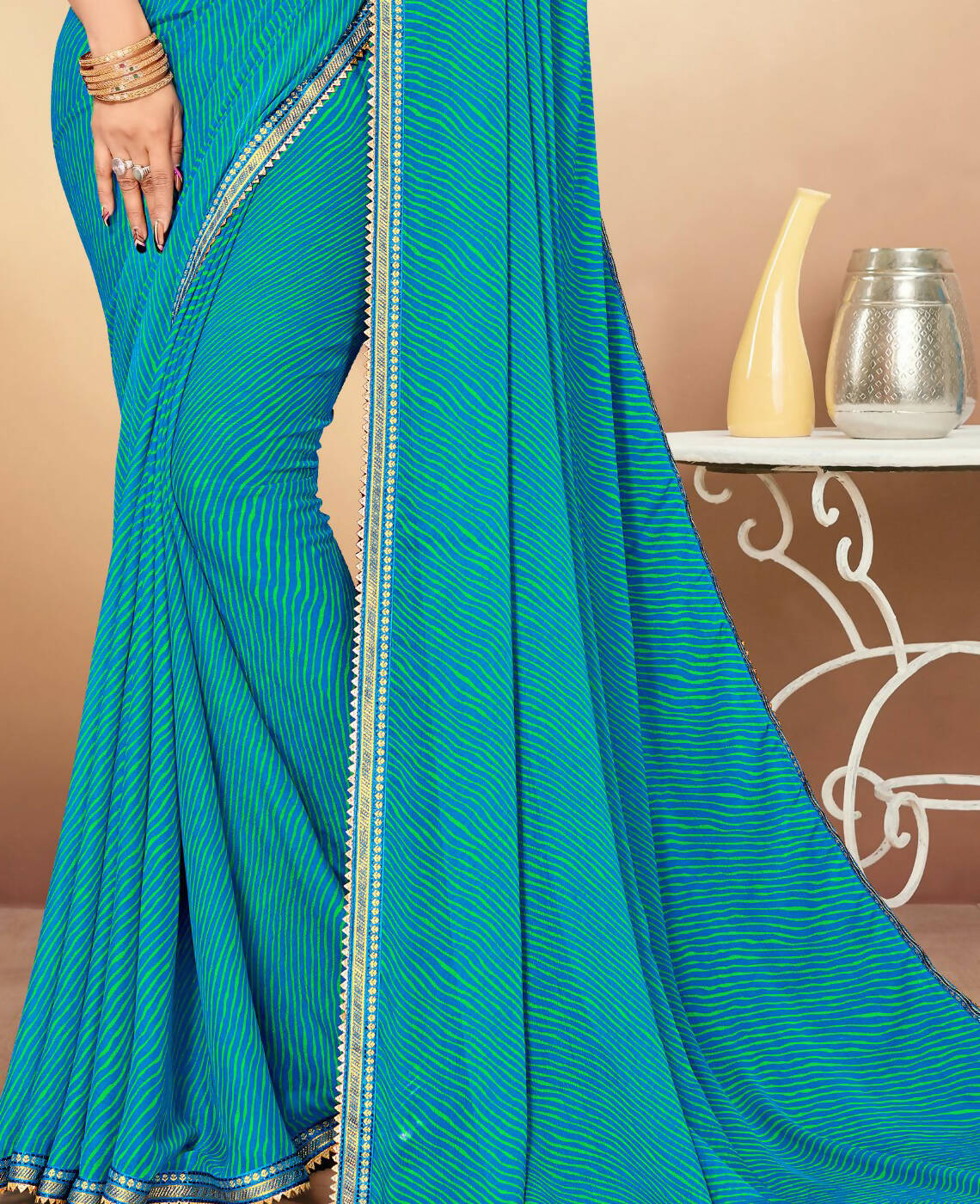 Sky Blue Chiffon Leheriya Printed Saree With Unstitched Blouse Piece - Swarna - Distacart