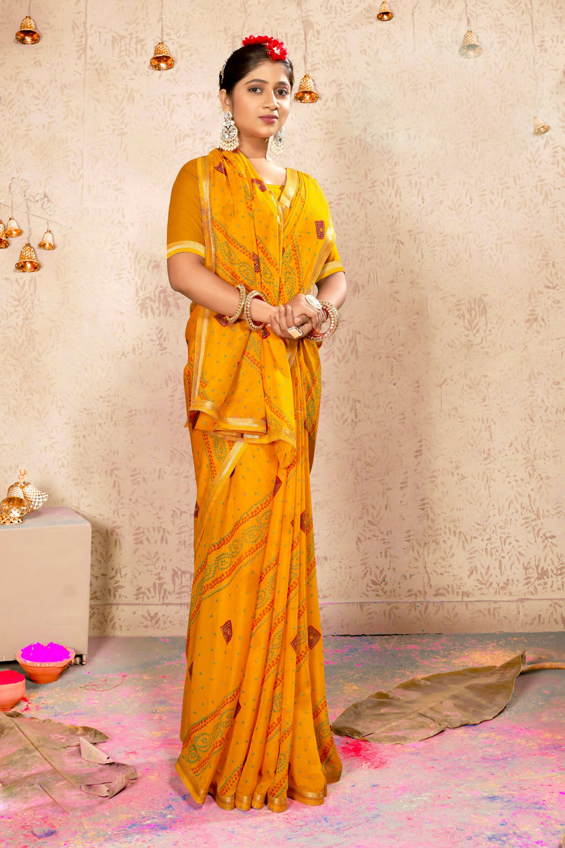 Mustard Georgette Bandhni Printed Saree With Unstitched Blouse Piece - Shanaya - Distacart