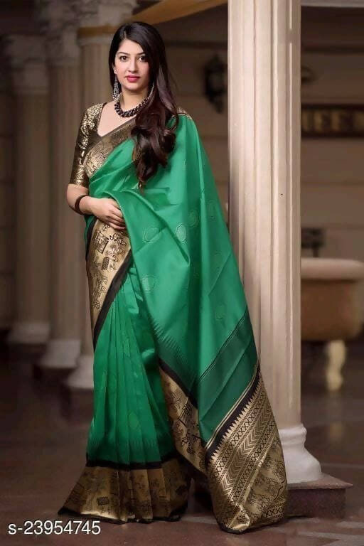 DEIANA'S Beautiful Golden Jari with New Design Soft Lichi Silk Saree - Green - Distacart