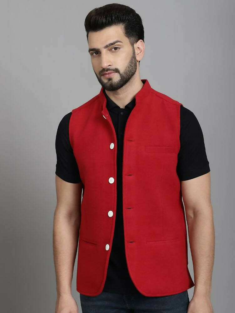 Even Apparels Nehru Jacket With Welt Pockets - Red - Distacart