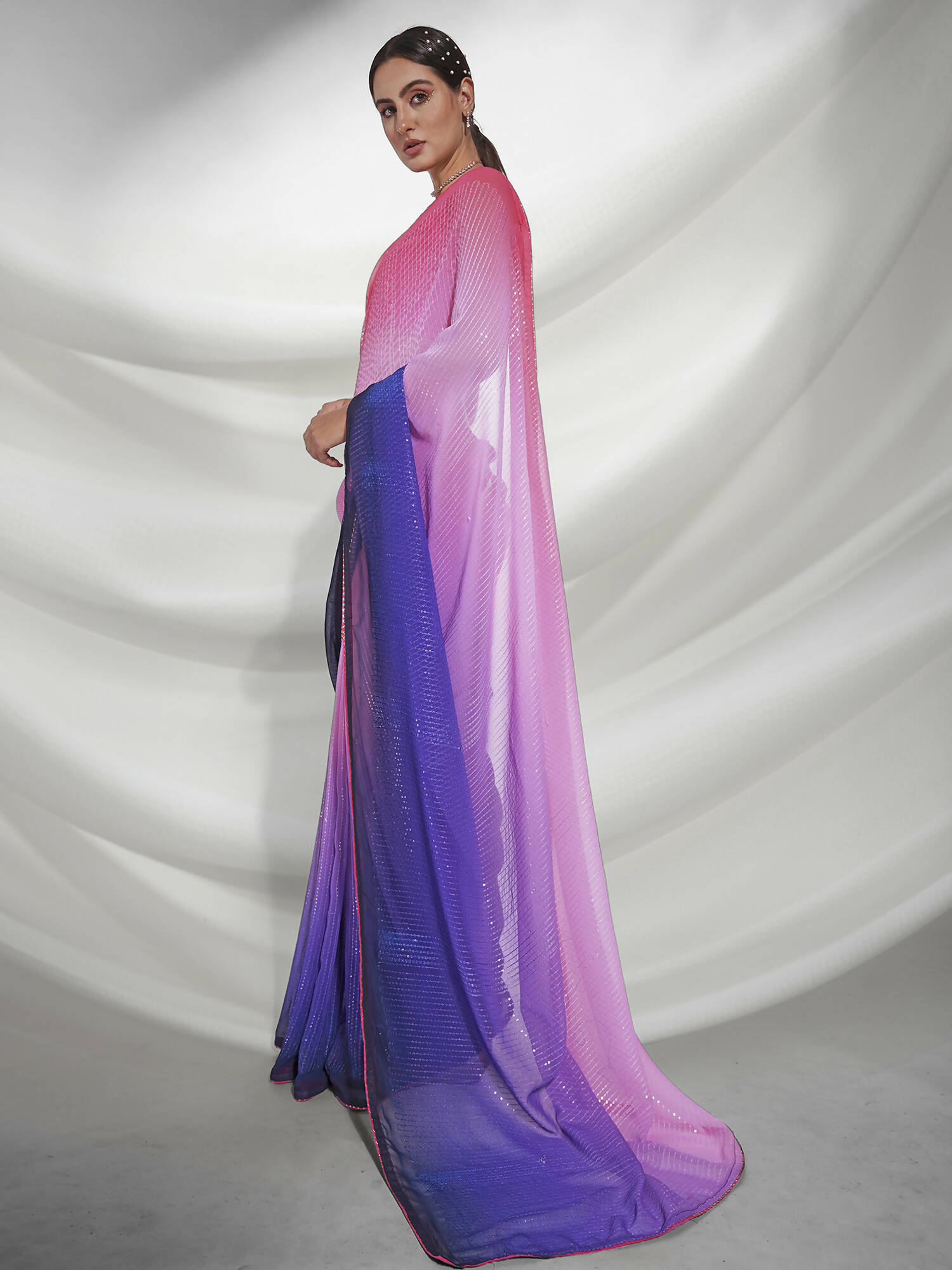 Pink Georgette Sequence Embroidery Saree With Unstitched Blouse Piece - Rajal - Distacart