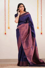 Thumbnail for DEIANA'S Beautiful Golden Jari with New Design Soft Lichi Silk Saree - Navy Blue - Distacart