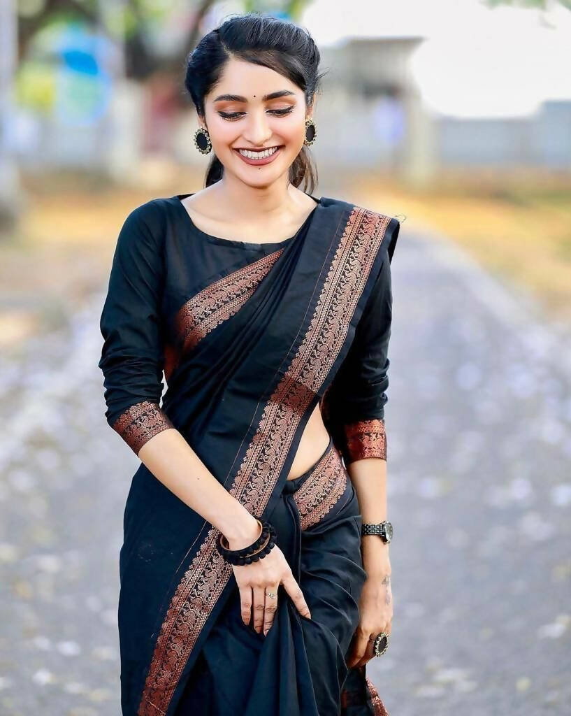 DEIANA'S Beautiful Golden Jari with New Design Soft Lichi Silk Saree - Black - Distacart