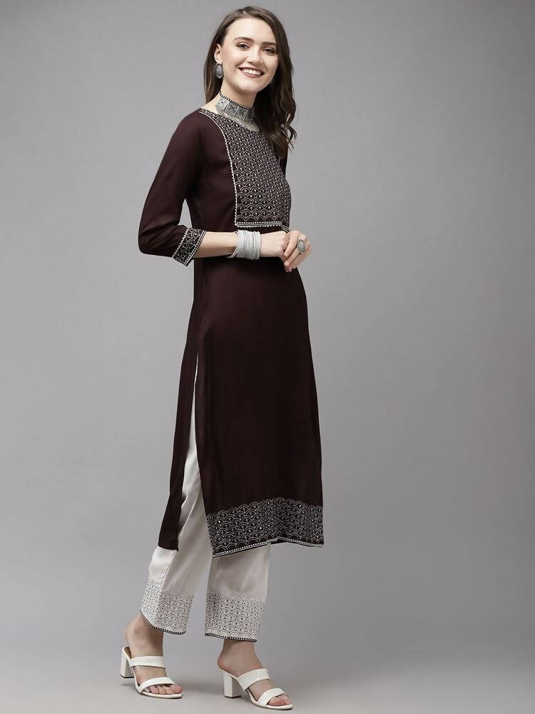 Yufta Women Brown Yoke Design Regular Sequinned Kurta with Palazzo & With Dupatta