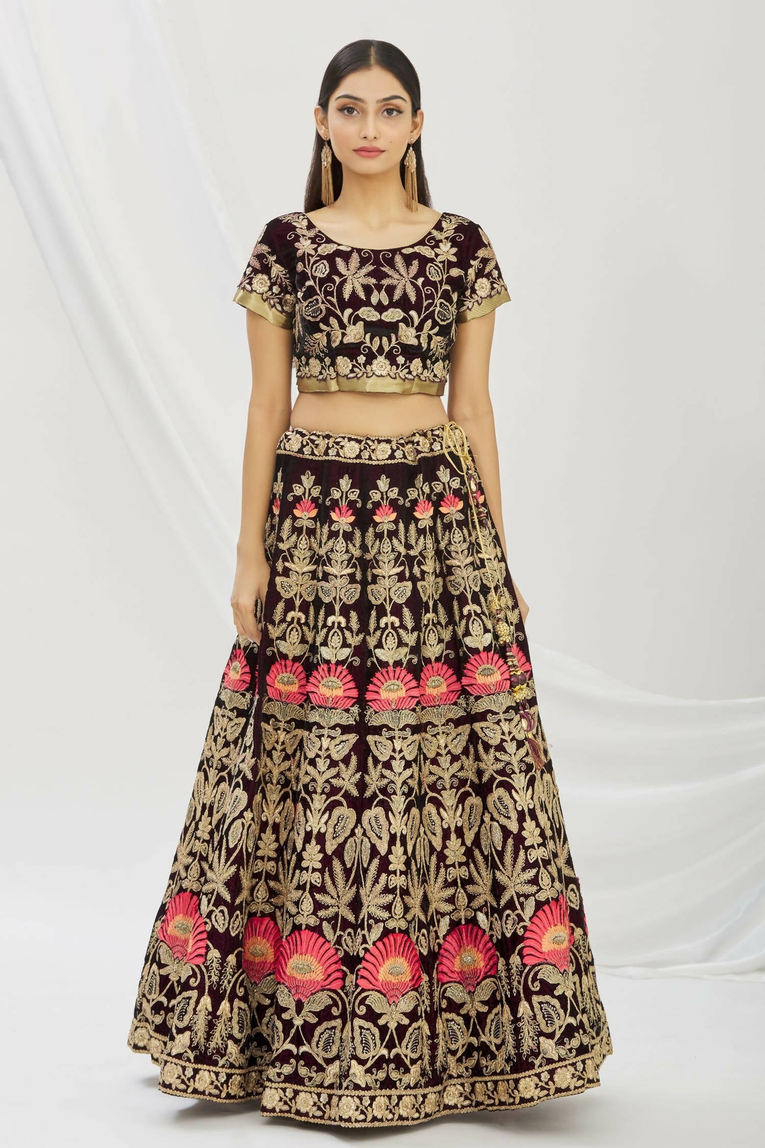 Purple Velvet Semi-Stitched Wedding Bridal Lehenga - Nimaya - Distacart