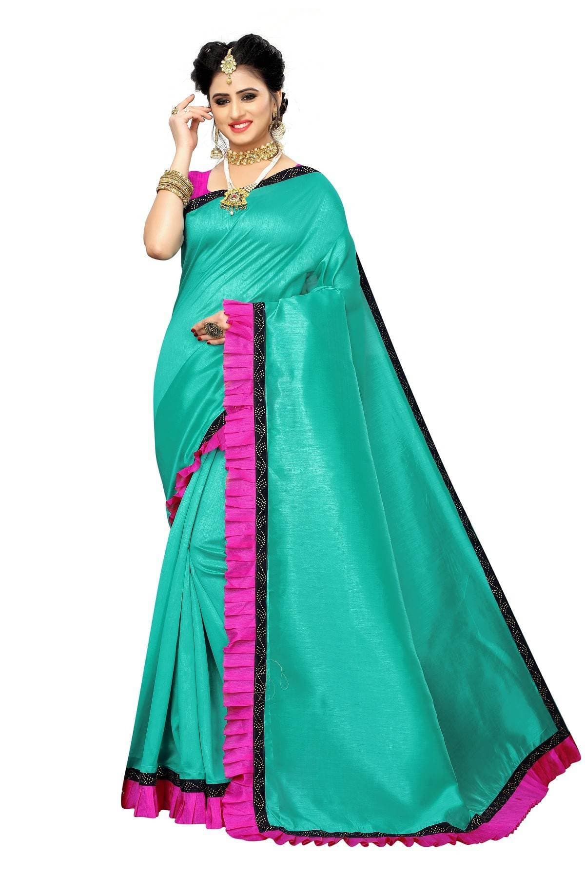 Vamika Green Zoya Silk Stone Work with Frill Saree