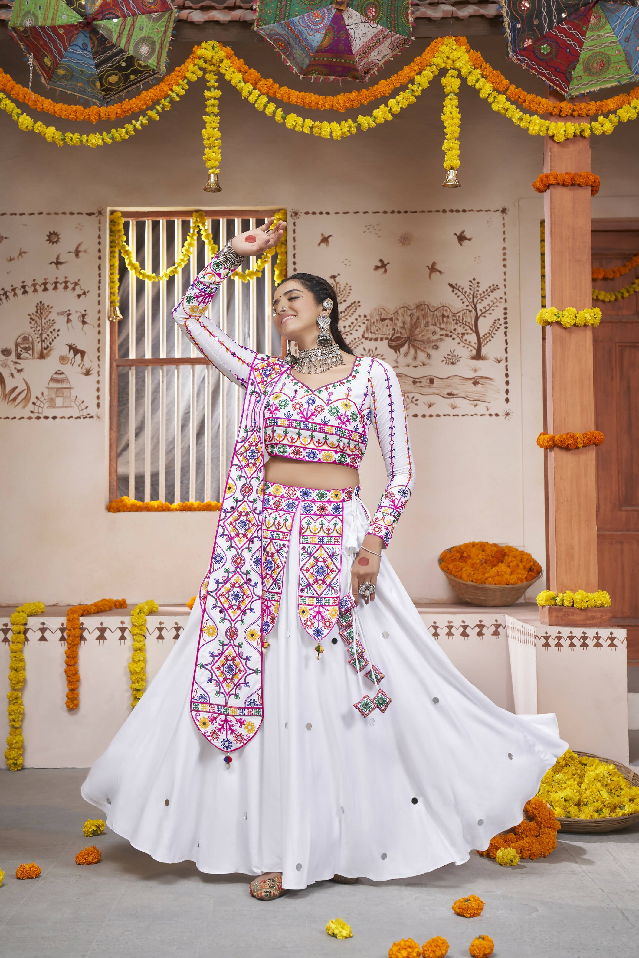 White Viscose Rayon Thread Embroidered with all over mirror work Navratri Lehenga Choli with Dupatta - Raas - Distacart
