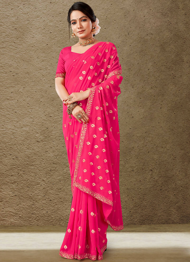 Pink Georgette Embroidered Saree with Unstitched Blouse Piece - Avika - Distacart