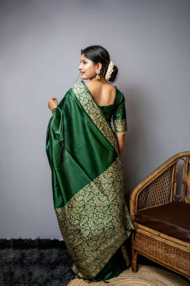 Vishnu Weaves Women's Green Handloom Raw Silk Woven Border Saree with Unstitched Blouse - Distacart