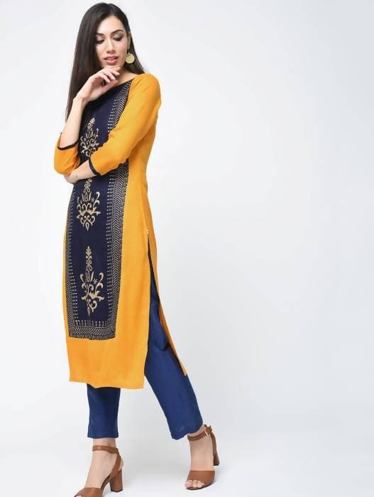 Aniyah Rayon Block Printed Straight Kurta In Mustard And Blue (AN-119K)