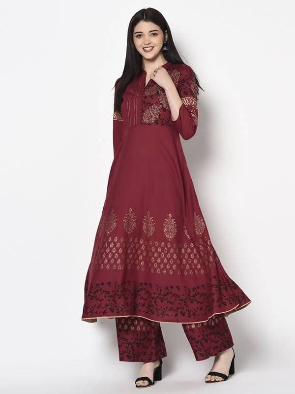 Aniyah Rayon Maroon Color Block Print Anarkali Palazzo Set (AN-181K)