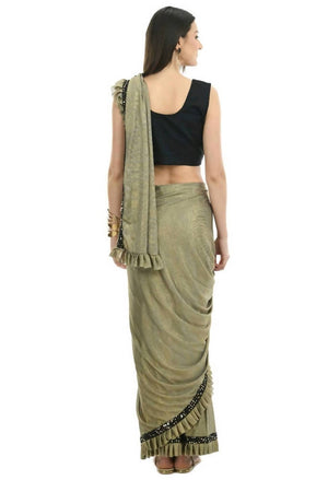 All Season Wear Olive Green And Black Ruffled With Blouse Ready To Wear Saree