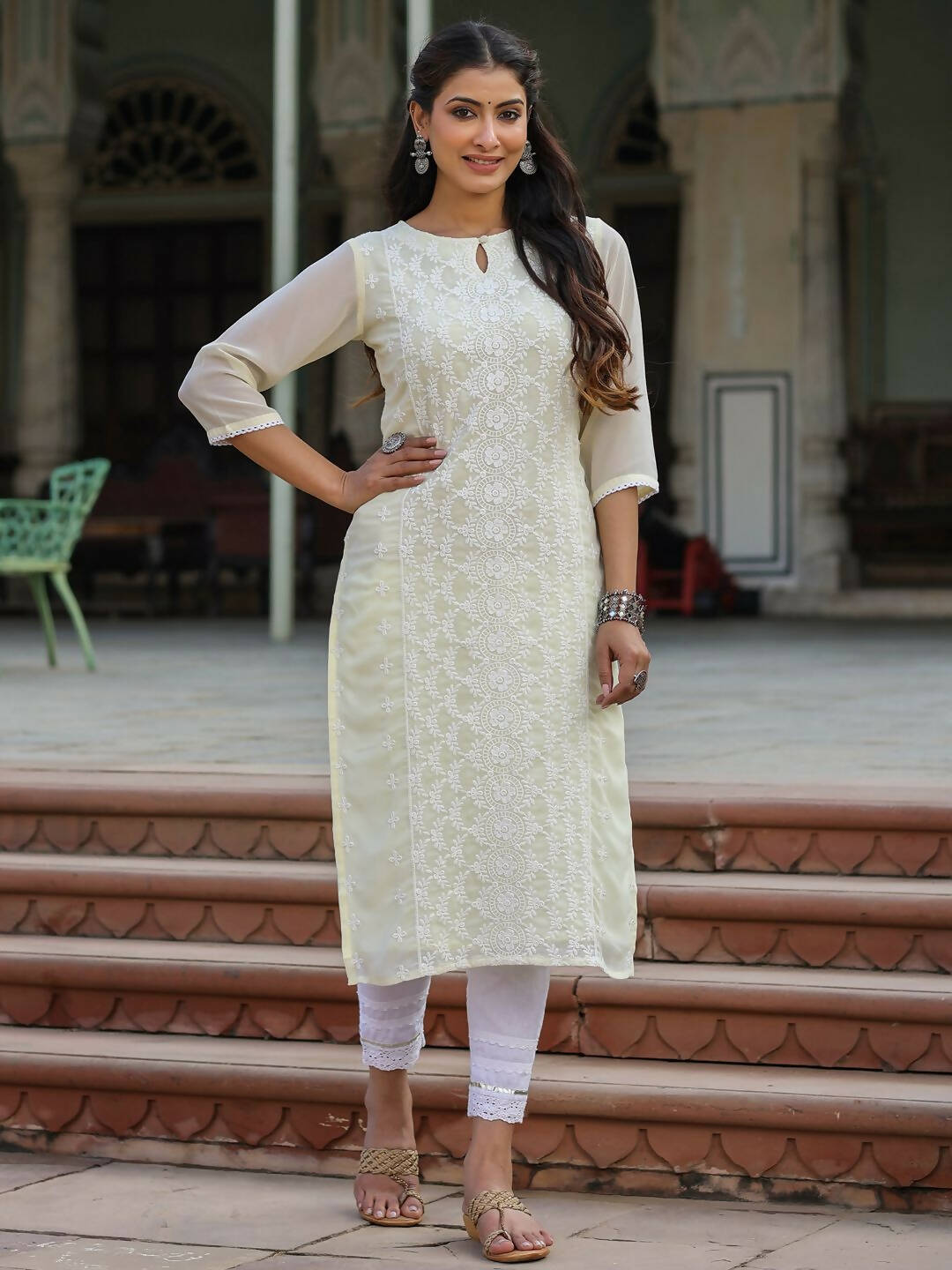 Juniper Women's Lemon Georgette Printed Kurta - Distacart