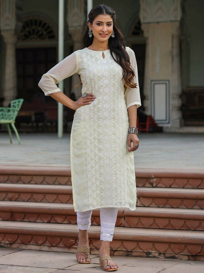 Juniper Women's Lemon Georgette Printed Kurta - Distacart