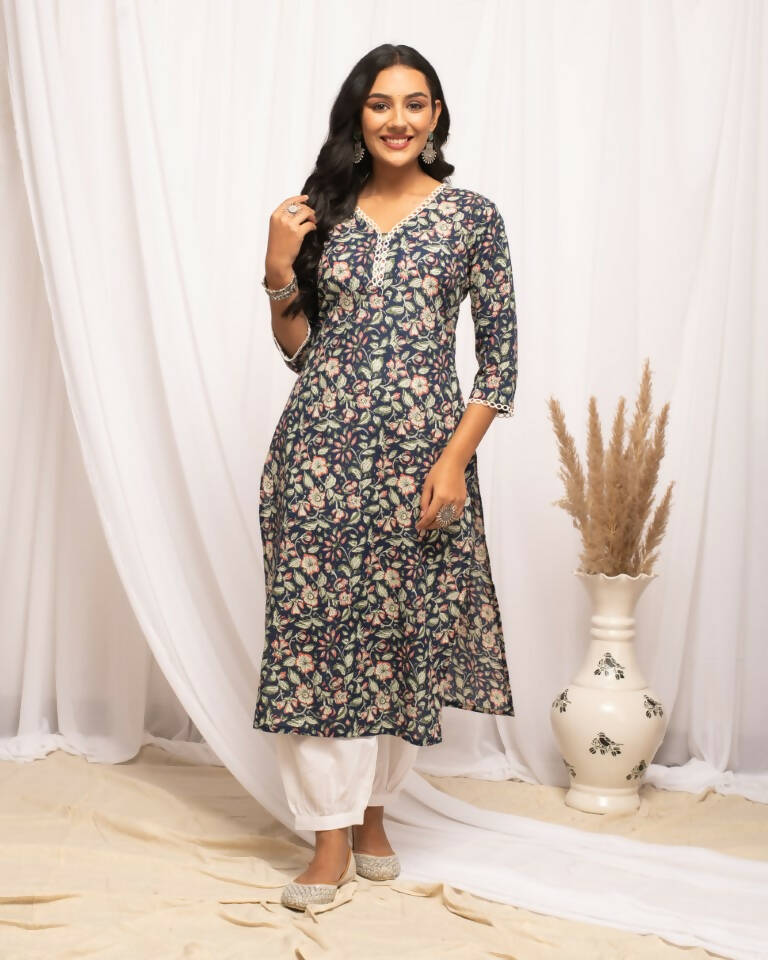 FIORRA Women's Floral Printed Blue Cotton Straight Kurta - Distacart