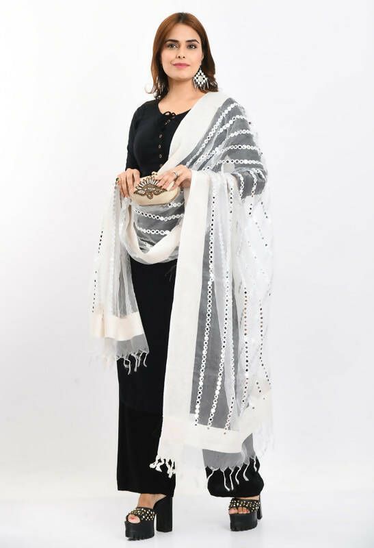 Mominos Fashion Moeza Women's Orgenza Mirror Stripe Thread Work White Dupatta - Distacart