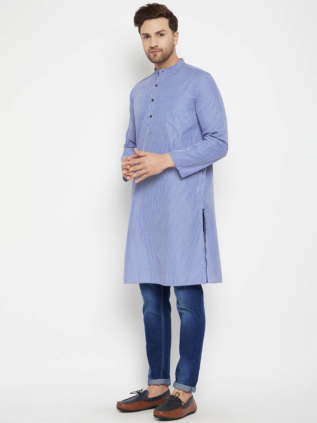 Even Apparels Blue Pure Cotton Long Men's Kurta With Band Collar - Distacart
