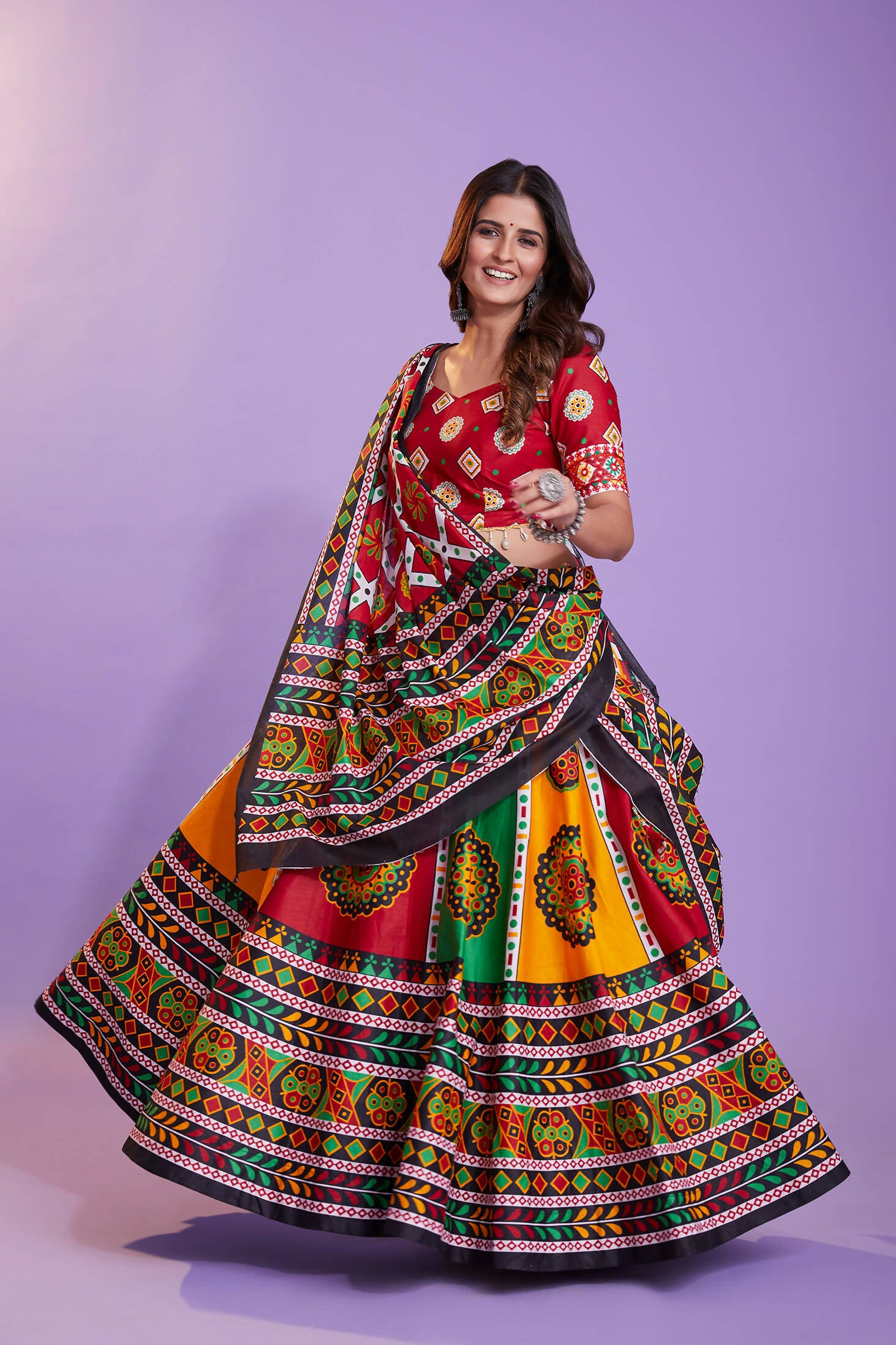 Multi Color Pure Cotton Hand Block Print Navratri Lehenga Choli with Dupatta - Raas - Distacart