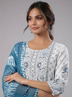 Thumbnail for Juniper Women Sky-Blue Rayon Staple Kalamkari Printed Kurta, Pants and Dupatta Set - Distacart