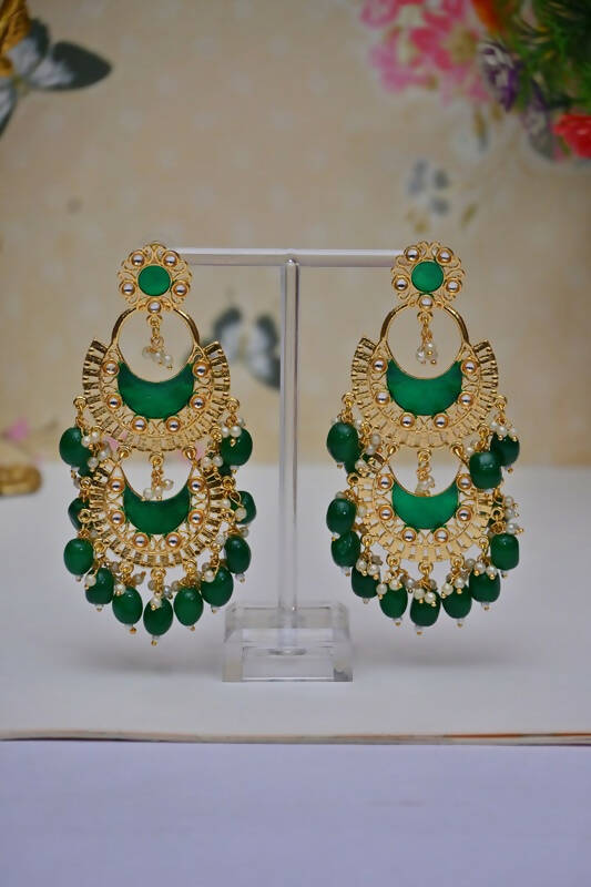 Meenakari Work Gold Plated 2 Layered Beaded Green Chandbali Earrings with Kundan and Pearl Work By House of Ree - Distacart