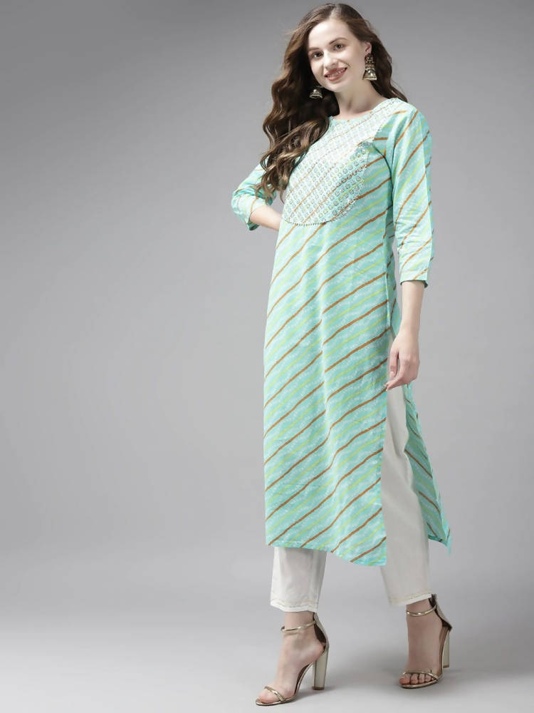 Yufta Women Sea Green Bandhani Striped Regular Sequined Pure Cotton Kurta with Palazzo
