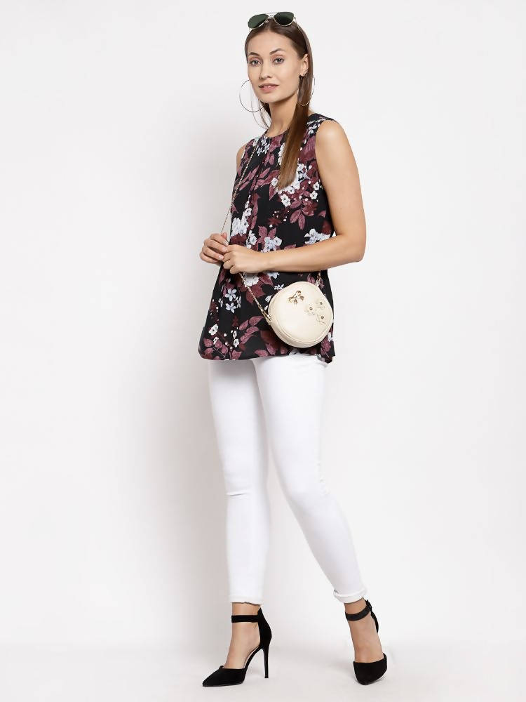 Myshka Women's Multi Crep Printed Sleeveless Round Neck Casual Top