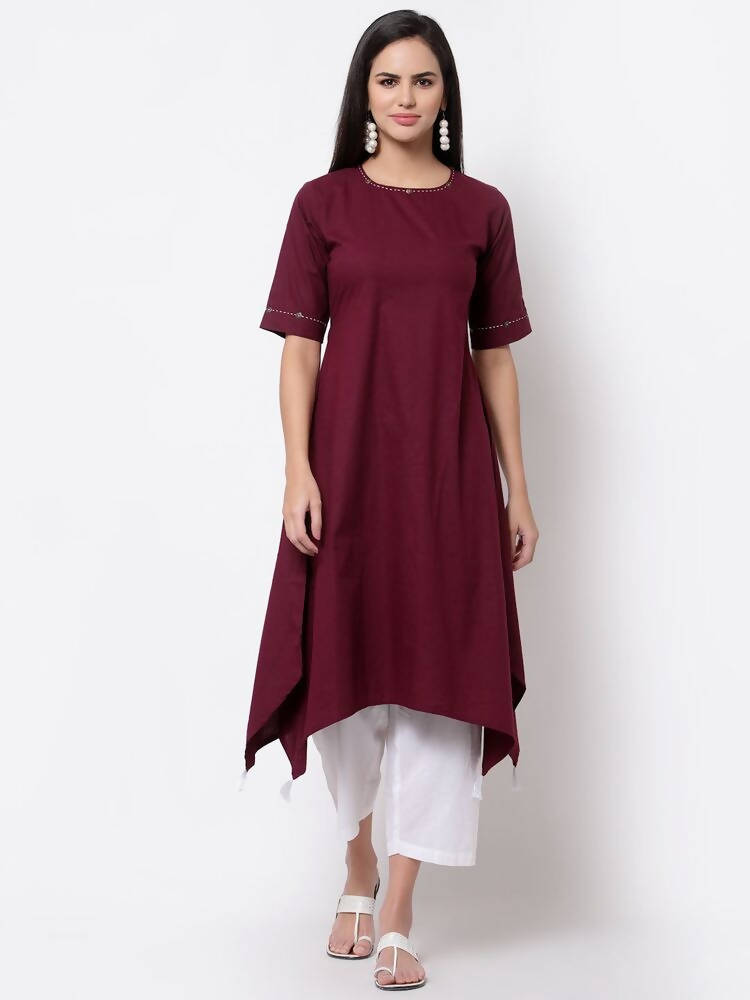 Myshka Women's Pure Cotton 3/4 Sleeve Round Neck Casual Maroon Dress