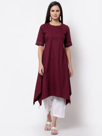 Thumbnail for Myshka Women's Pure Cotton 3/4 Sleeve Round Neck Casual Maroon Dress