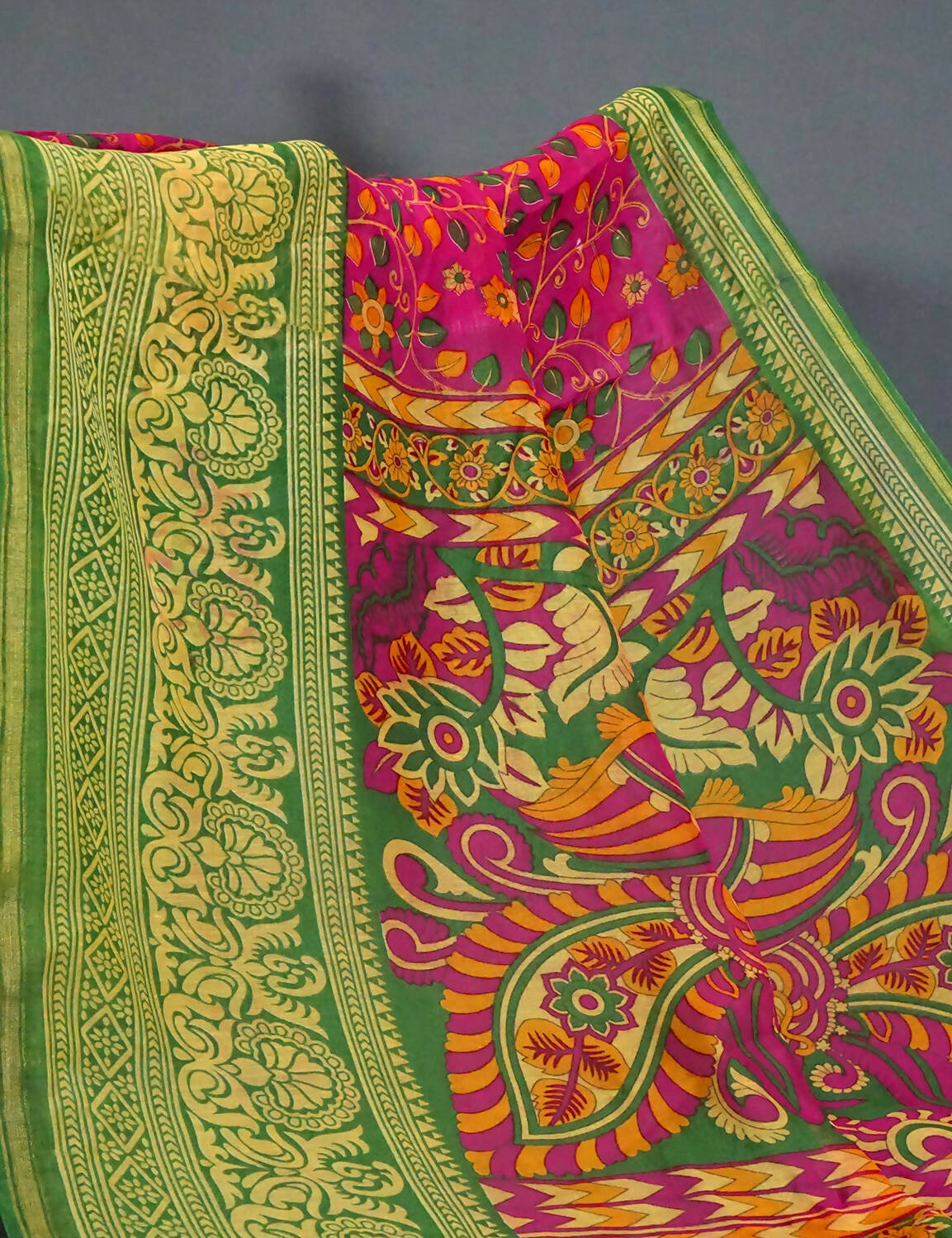 Vibrant Shades Of Pink Kalamkaari Design Semi Chanderi Saree With Contrast Blouse By Gayathri Reddy Designer Studio - Distacart