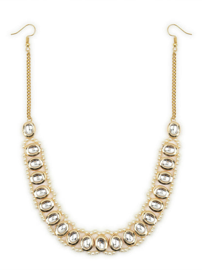 Gold-Plated White Kundan-Studded Pearl Beaded Hair Band - Ruby Raang - Distacart