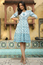 Thumbnail for Juniper Women's Blue Cambric Printed Tiered Dress - Distacart