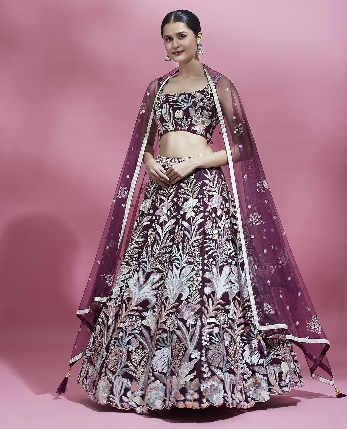 House of Panchhi Burgundy Net Sequinse Work Lehenga & Blouse with Dupatta - Distacart