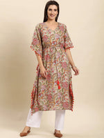 Thumbnail for Janasya Beige & Pink Floral Printed Floral Kaftan Kurta - Distacart