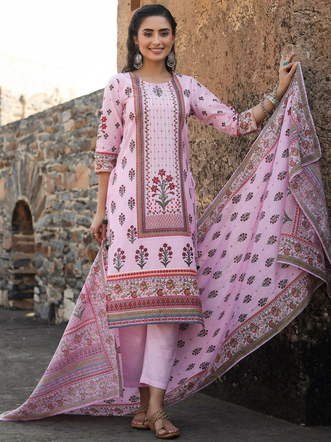 Juniper Women's Lilac Cambric Floral Placement Printed Straight Fit Kurta Sets - Distacart