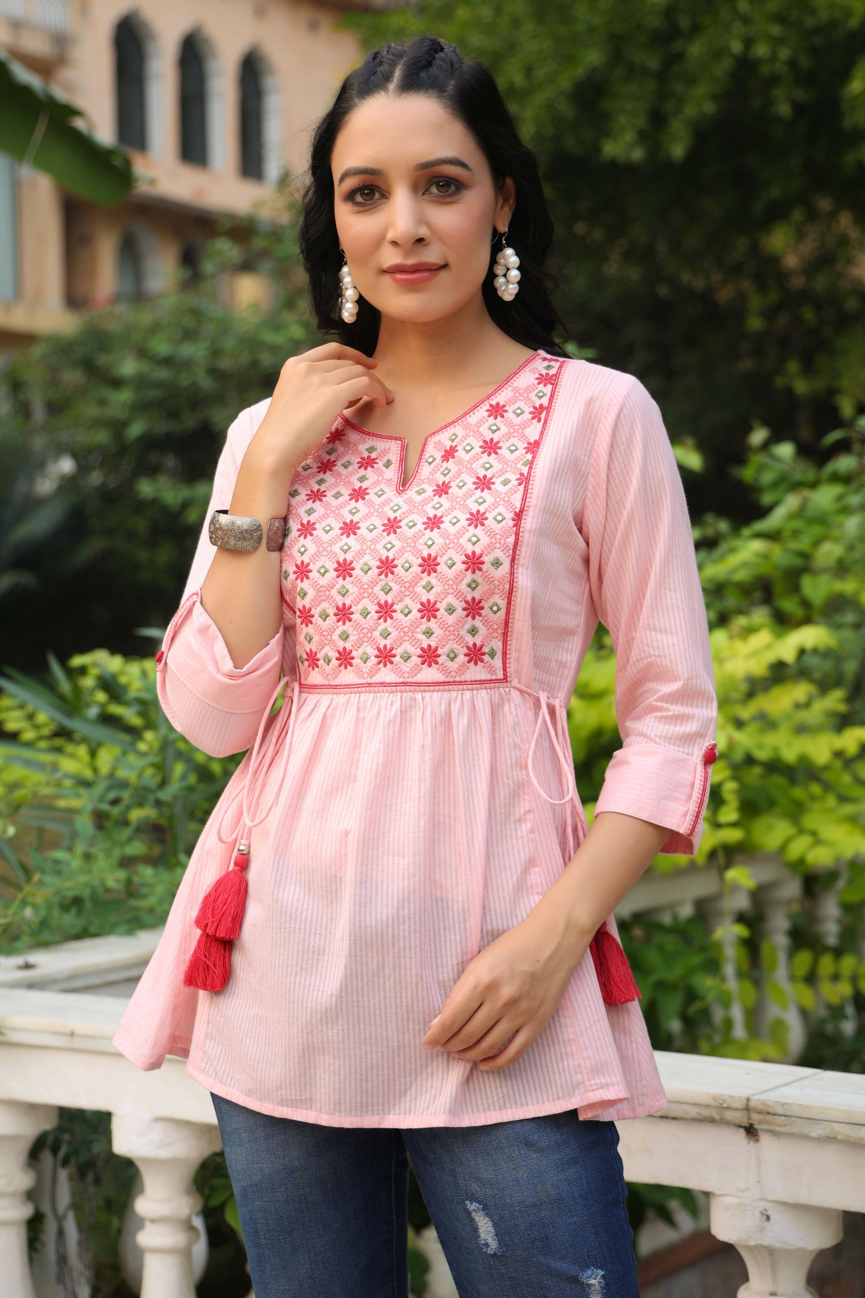 Juniper Women's Peach Cotton Dobby Solid Embroidered Straight Tunic - Distacart