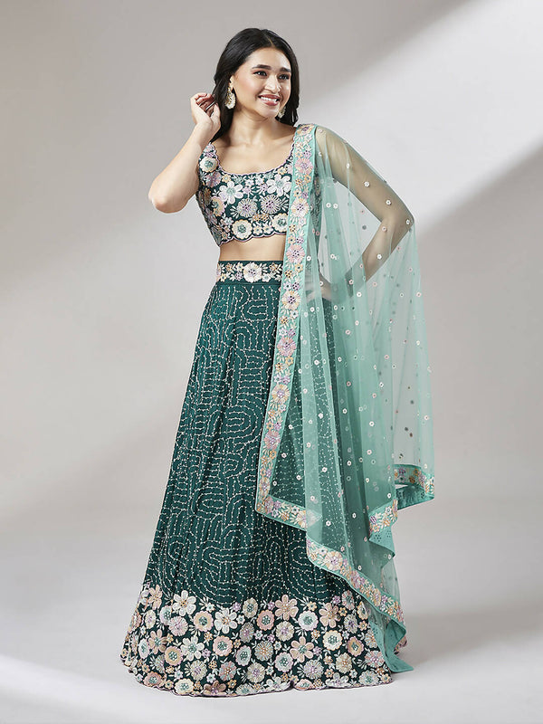 House of Panchhi Teal Georgette heavy Sequinse embroidery Lehenga choli & Dupatta - Distacart