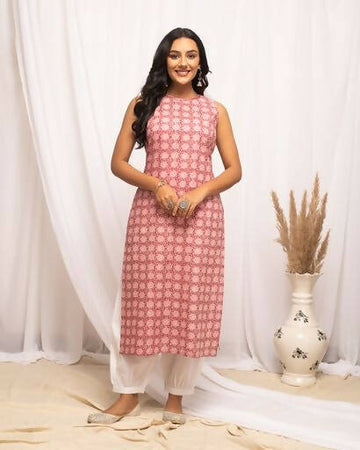 FIORRA Women's Floral Printed Pink Cotton Straight Kurta - Distacart