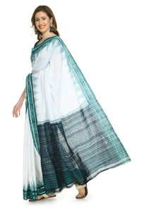 Thumbnail for Vamika Sambalpuri Ikat Cotton Plane Kunbha White & Green Saree - Distacart