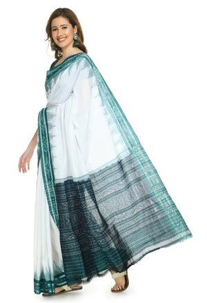 Vamika Sambalpuri Ikat Cotton Plane Kunbha White & Green Saree - Distacart