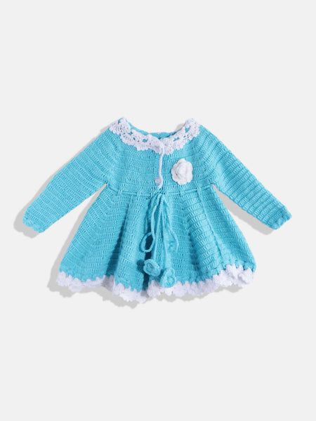 Chutput Kids Woollen Hand Knitted Full Sleeves Flower Work Dress - Blue - Distacart