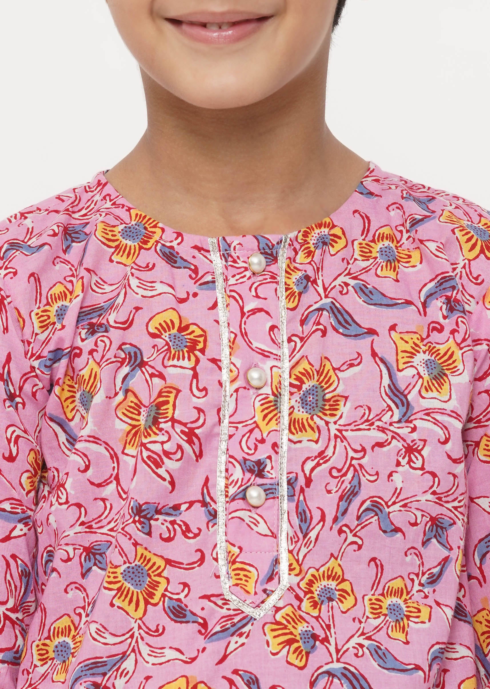 Little Bansi Cotton Block Print Floral Kurta with Pearl Buttons & Pyjama in Pink & Cream - Distacart