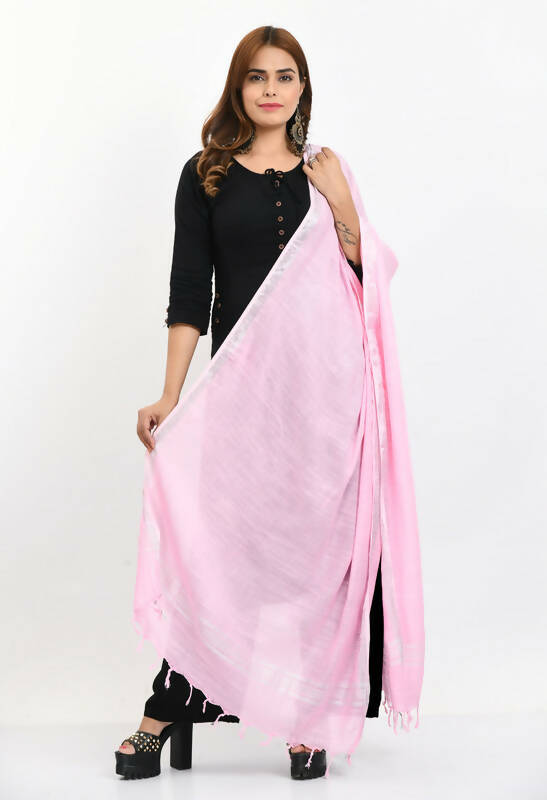 Mominos Fashion Moeza Women's Linen Cotton Silver Border Baby Pink Dupatta - Distacart