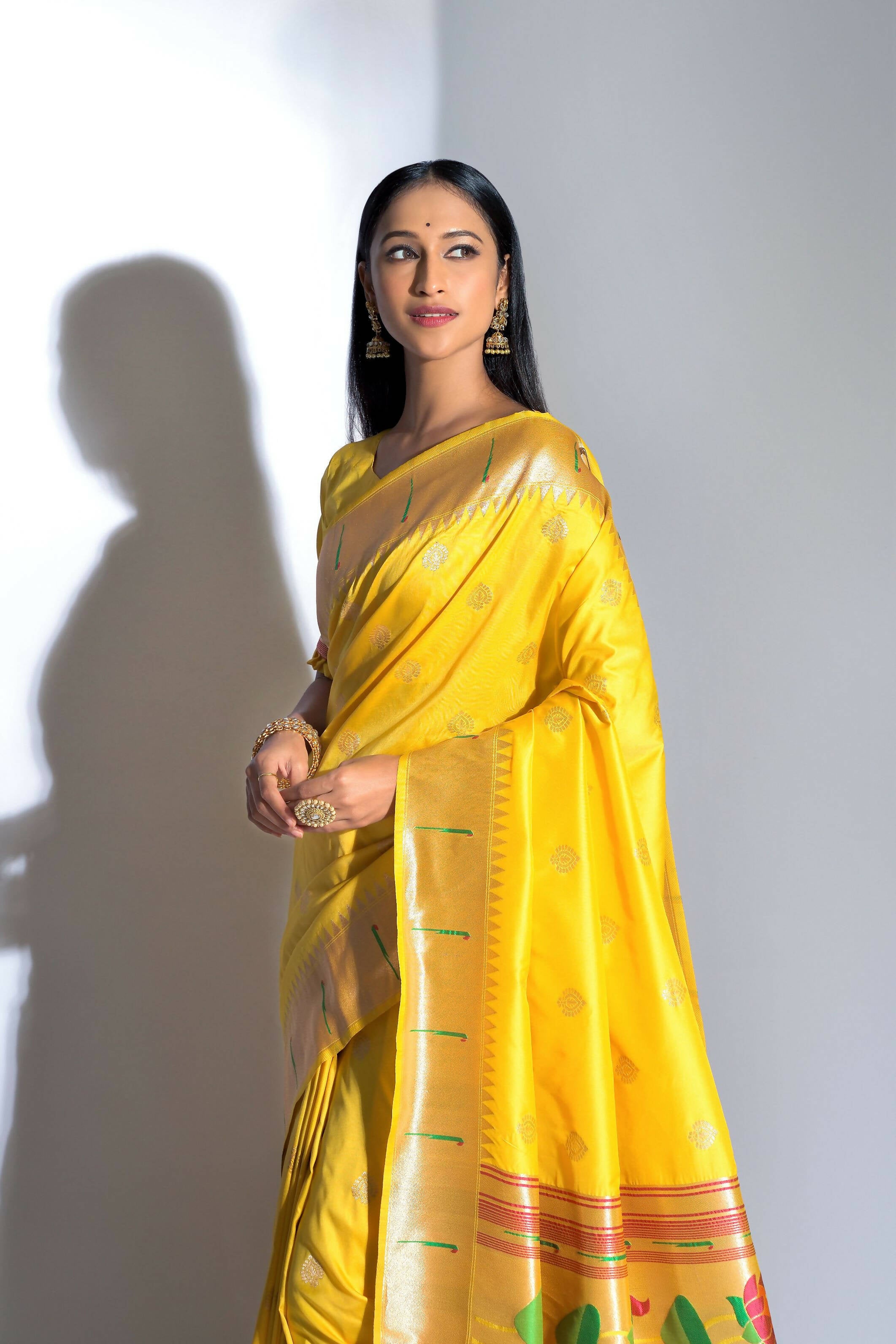 Vishnu Weaves Women's Yellow Paithani Silk Zari Woven Saree with Unstitched Blouse - Distacart