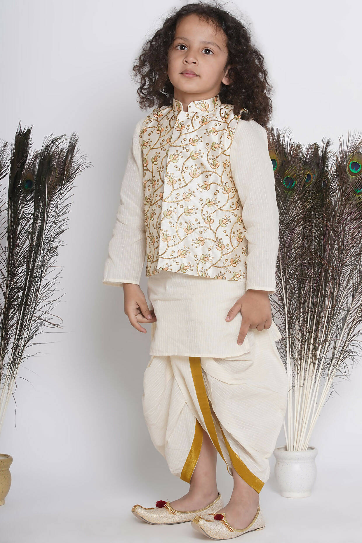 Little Bansi Banarsi Silk Floral Embroidery Jacket With Cotton Kantha kurta And Kantha Dhoti - Cream - Distacart