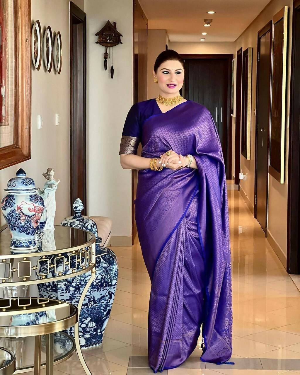 DEIANA'S Beautiful Golden Jari with New Design Soft Lichi Silk Saree - Blue - Distacart
