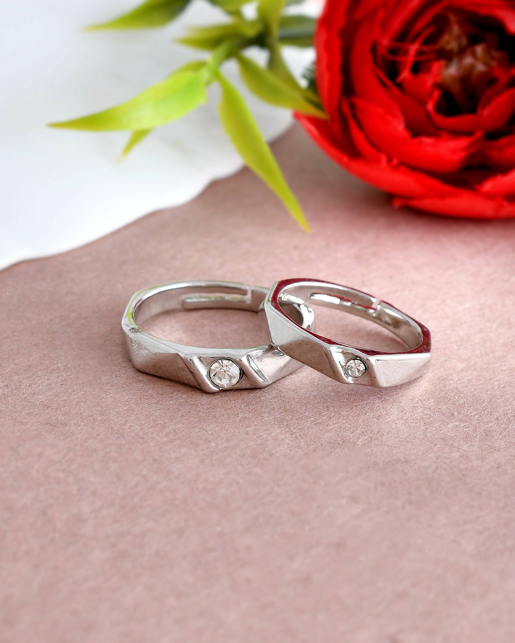 VOJ Stainless Steel Cubic Zirconia Silver Plated Adjustable Ring Set for Couple - Distacart