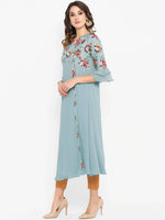 Thumbnail for Janasya Blue Floral Embroidered Flared Sleeves Thread Work Crepe Anarkali Kurta - Distacart