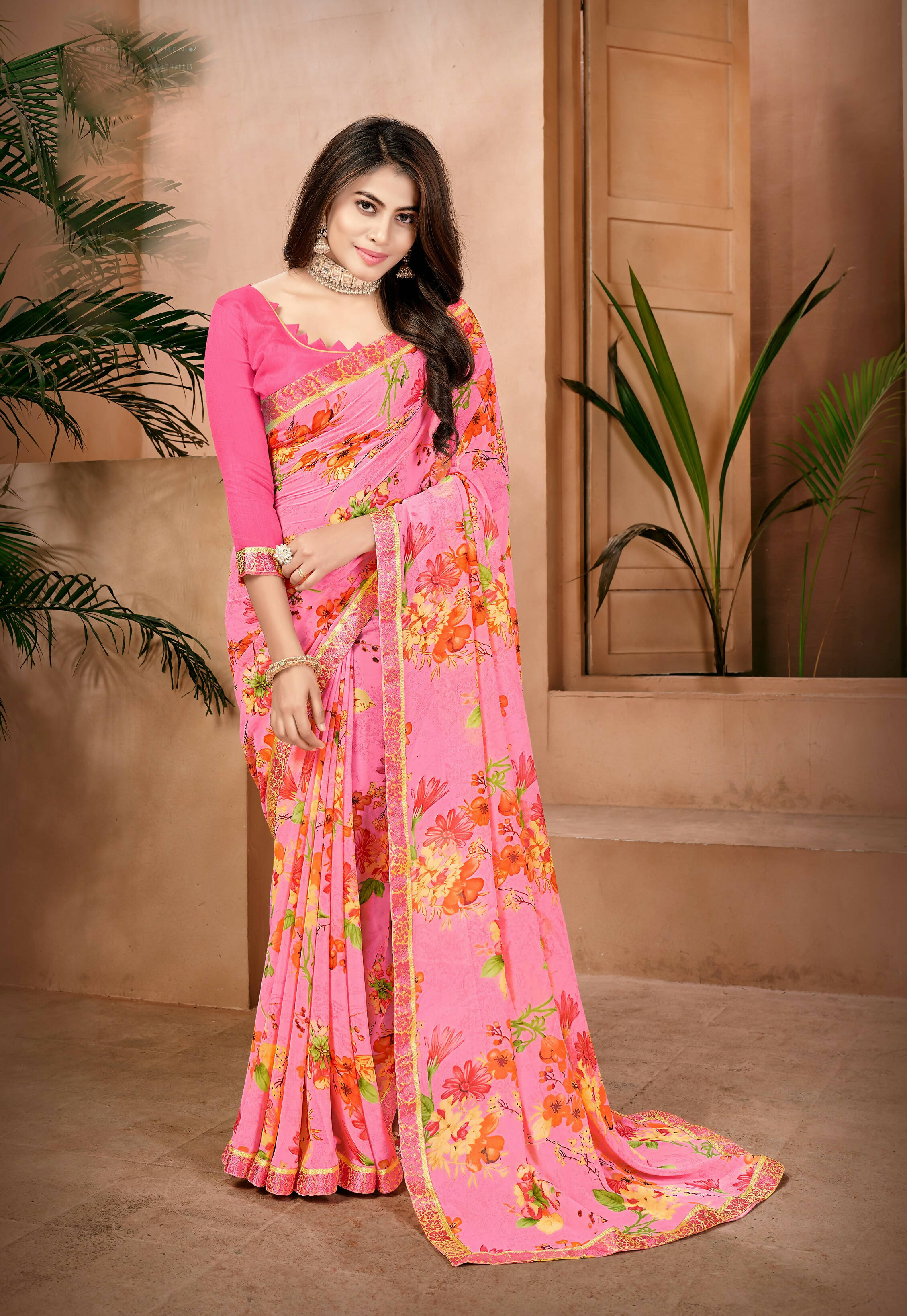 Pink Georgette Floral Printed Saree With Unstitched Blouse Piece - Jyoti - Distacart
