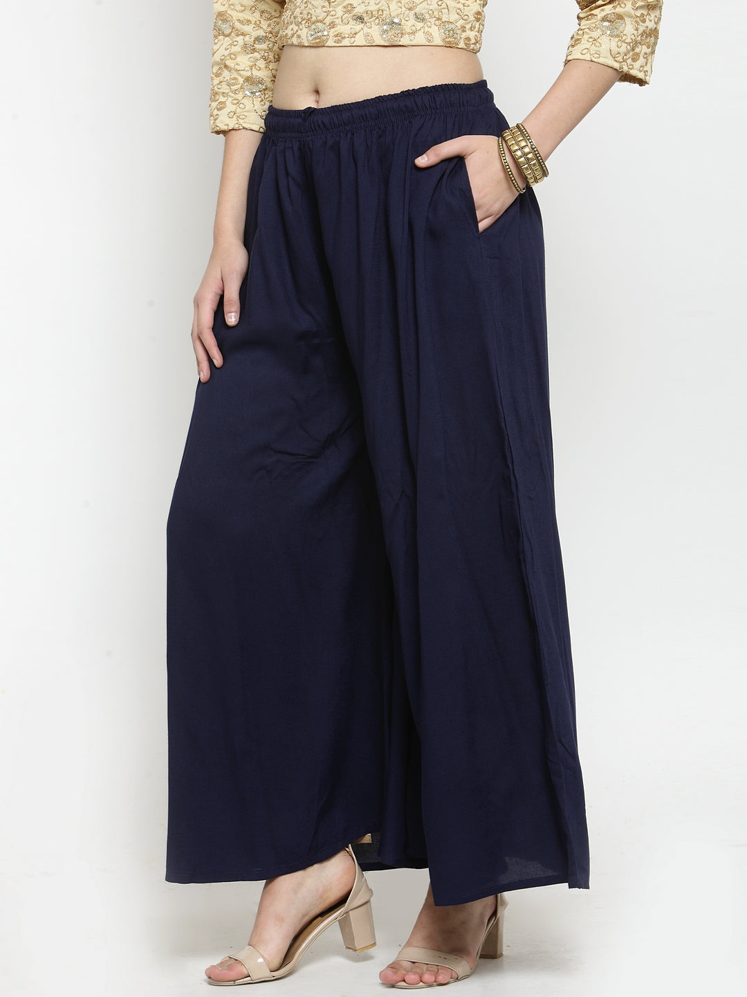 Wahe-NOOR Women's Navy Blue Solid Rayon Sharara - Distacart
